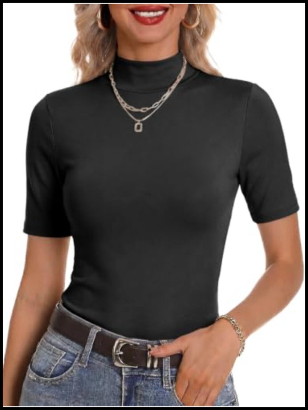 Womens Mock Turtleneck Slim Fit Short Sleeve Knit Top